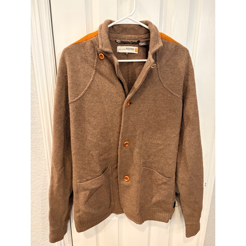 Ben Sherman Plectrum Cardigan Brown Lambswool Suede Patch Sweater Jacket L